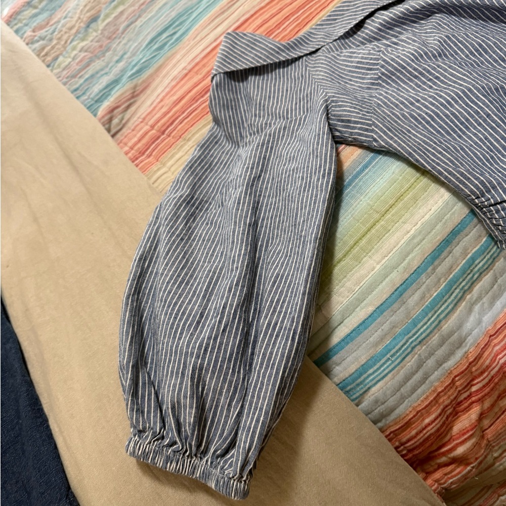 Free People Get Down Blue Pinstripe One-Shoulder Tie Waist Top - Picture 4 of 5